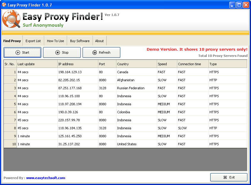 Easy Proxy Finder provides thousand of fresh and free proxy server list.